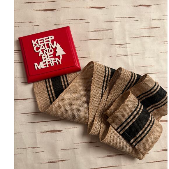 Holiday Card Holder Red Wooden Topper Keep Calm Be Merry Burlap Ribbon - Picture 2 of 5